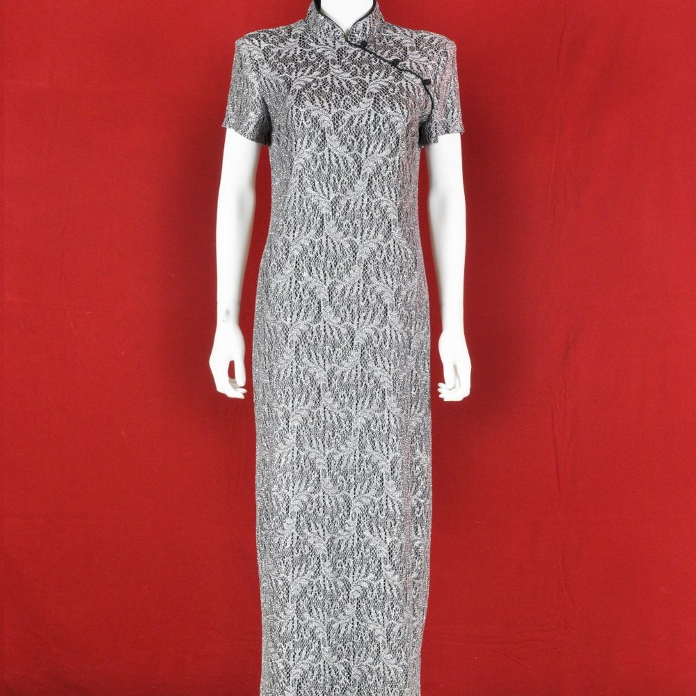 Vtg 1960's SILVER MESH High Neck Chinese Cheongsam